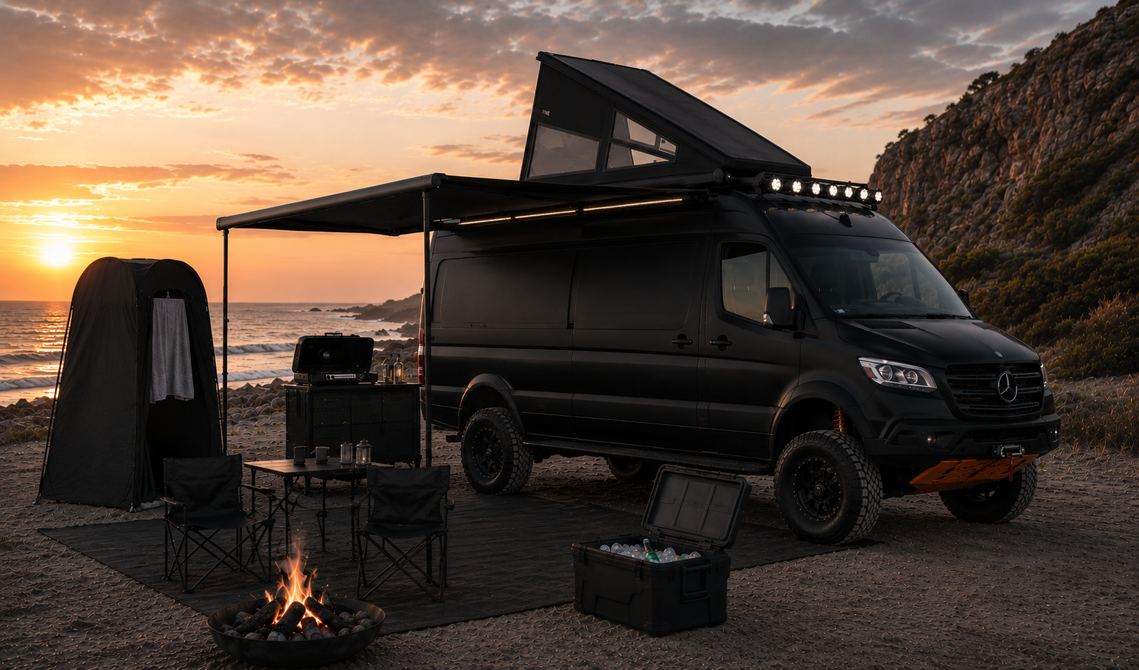 Blacked-out Mercedes-Benz 4x4 Sprinter campervan with awning, outdoor kitchen, shower tent and fire pit on a beach at sunset on the Sunshine Coast