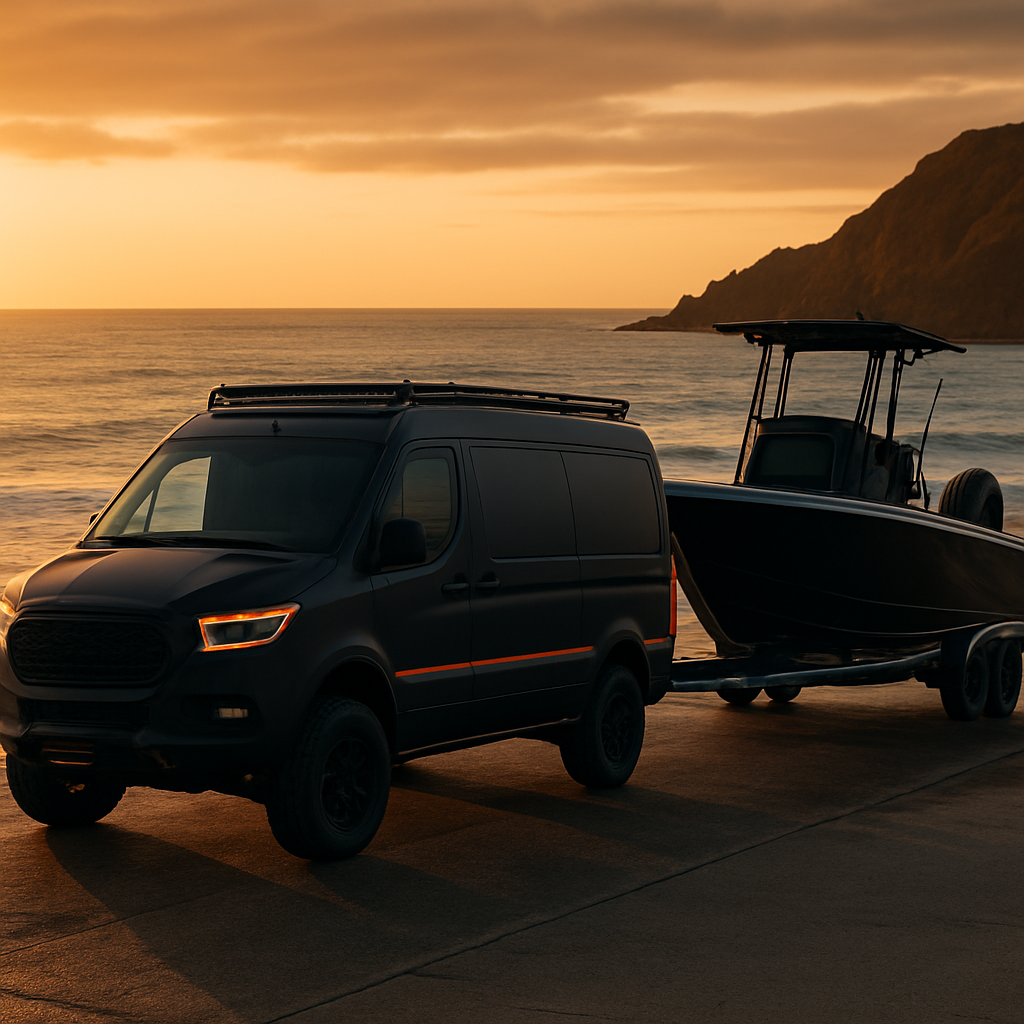 Blacked-out 4x4 camper towing a black center-console boat at a coastal ramp at golden hour