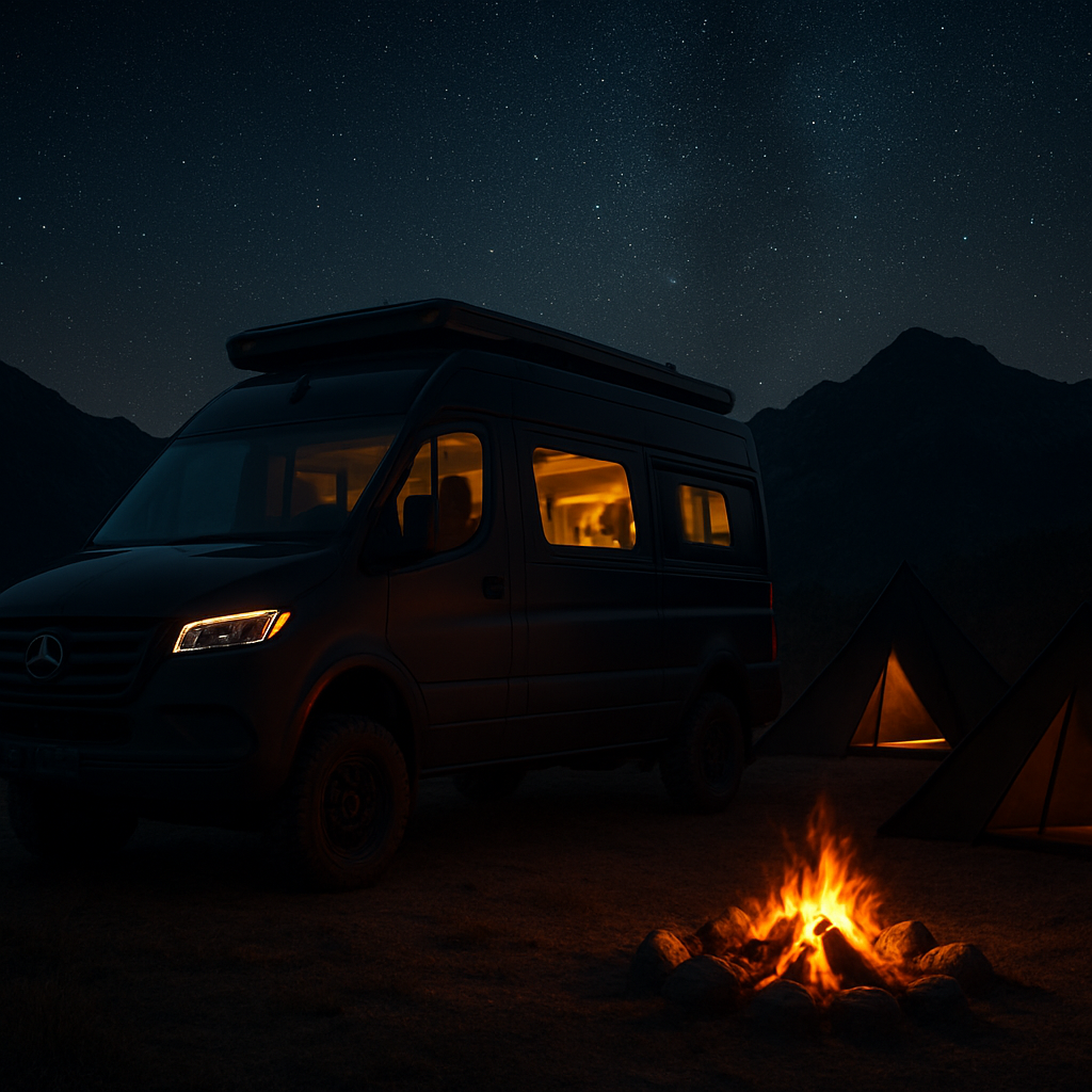 QWAIK camper at a night campsite surrounded by tents under a starry sky