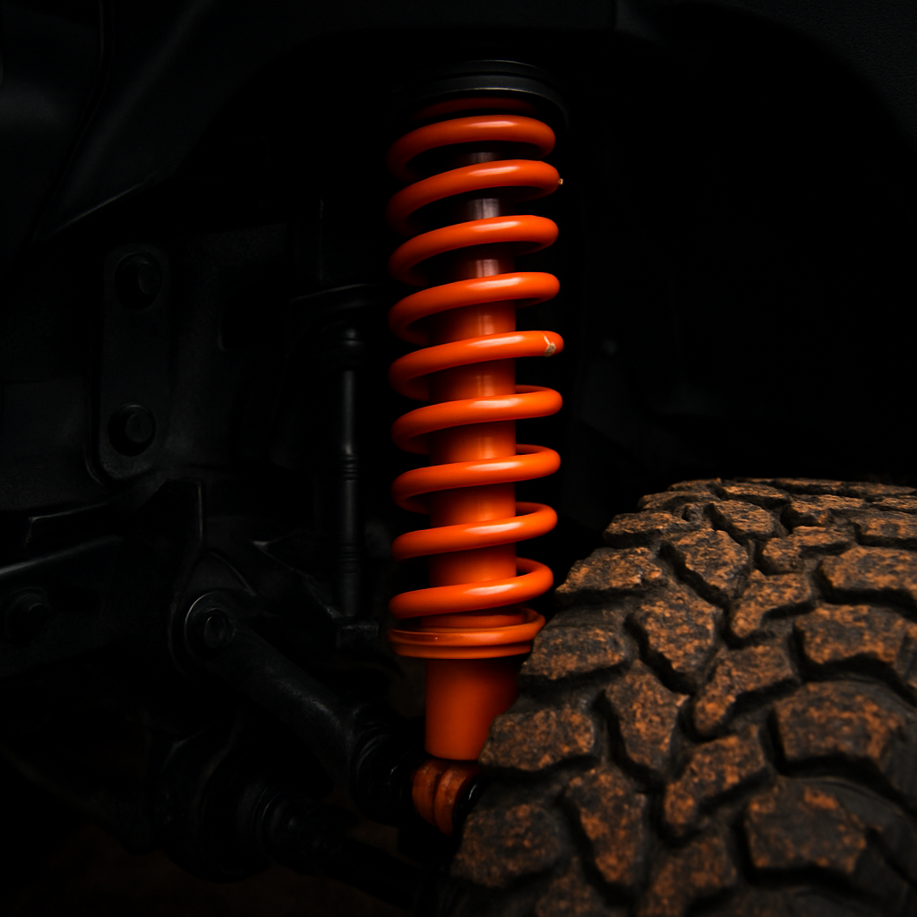 Macro close-up of an orange off-road coil-over shock absorber