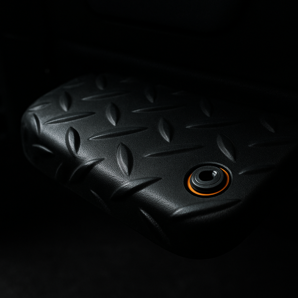 Close-up of matte black checkerplate steel step with an orange accent washer
