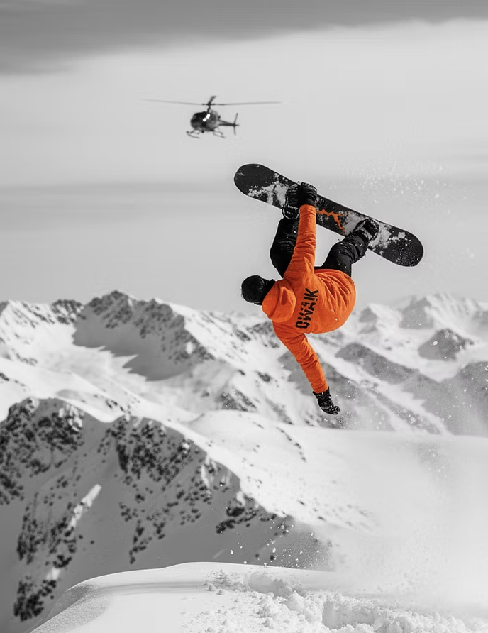 Snowboarder in an orange QWAIK hoodie inverted mid-air above alpine peaks