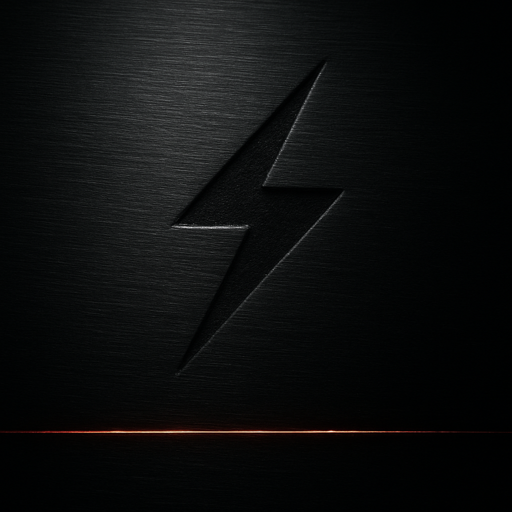 Brushed black steel panel with the QWAIK crack laser-etched and an orange pinstripe