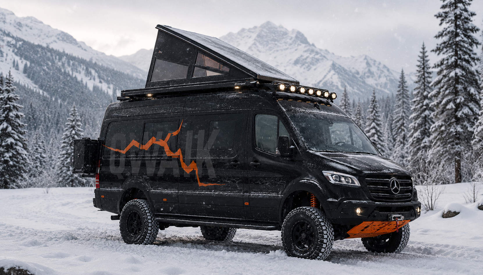 Blacked-out QWAIK 4x4 Sprinter campervan parked in the snow among mountains and pines